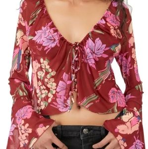 NWT Free People Of Paradise Floral Bell Sleeve Blouse cocoa combo size S